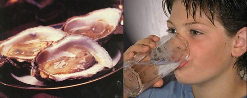 Photos of seafood and child drinking water
