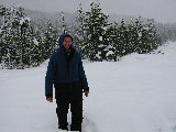 Jonathan Emmett at the Santiam Pass ODOT radiometer site. (D.Ferraro, Nov-2001)
